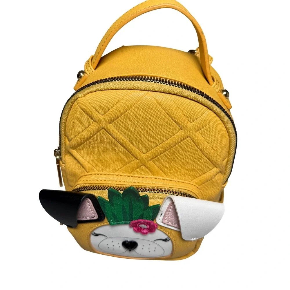 Betsey Johnson Yellow French Bulldog Pineapple Mini Backpack Quilted Tropical